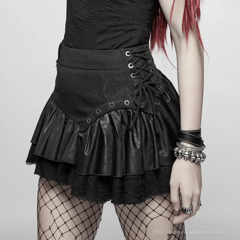 PUNK RAVE Steampunk Ruffled Miniskirt - New Fashion A-Line PU Leather with Lace, Sexy Bubble Goth Skirt for Women