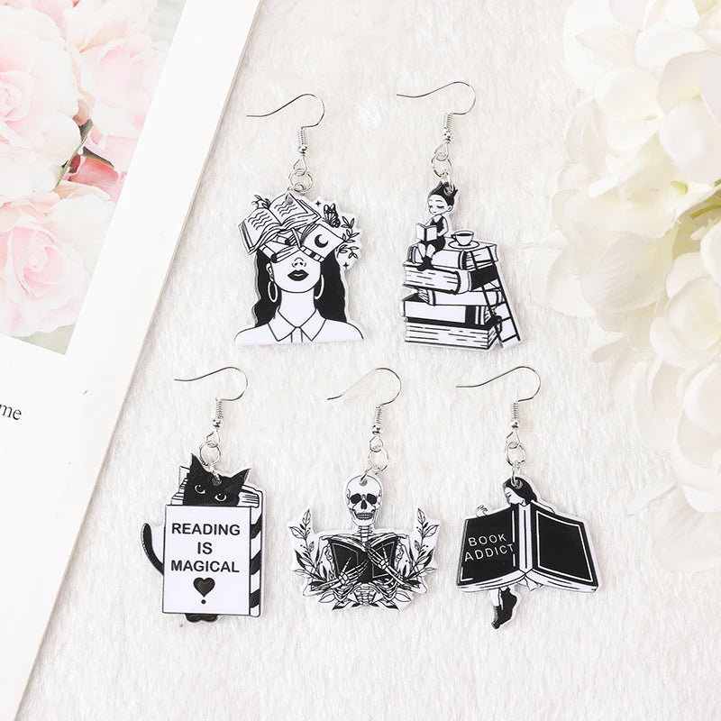 1 Pair Magic Book Dangle Earrings - Acrylic Skeleton Woman Loves Books Drop Earrings for Girls, Ideal Birthday Gift