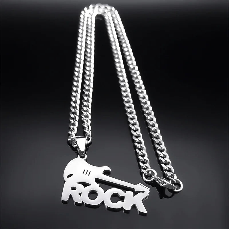 Electric Guitar Rock Hip Hop Necklace – Stainless Steel Musical Band Chain Necklace Jewelry for Men and Women