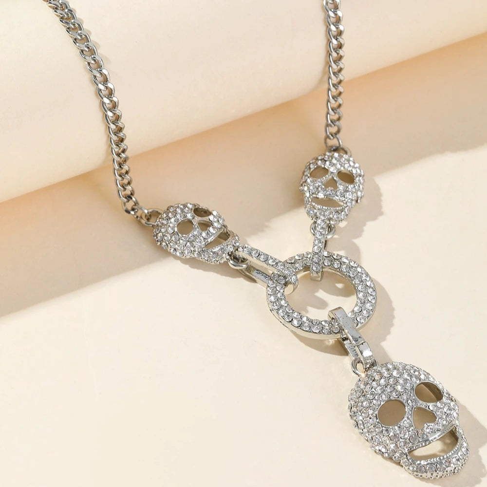 New Fashion Trendy Shiny Rhinestone Skull Pendant Necklace – Women's Halloween Jewelry Accessories