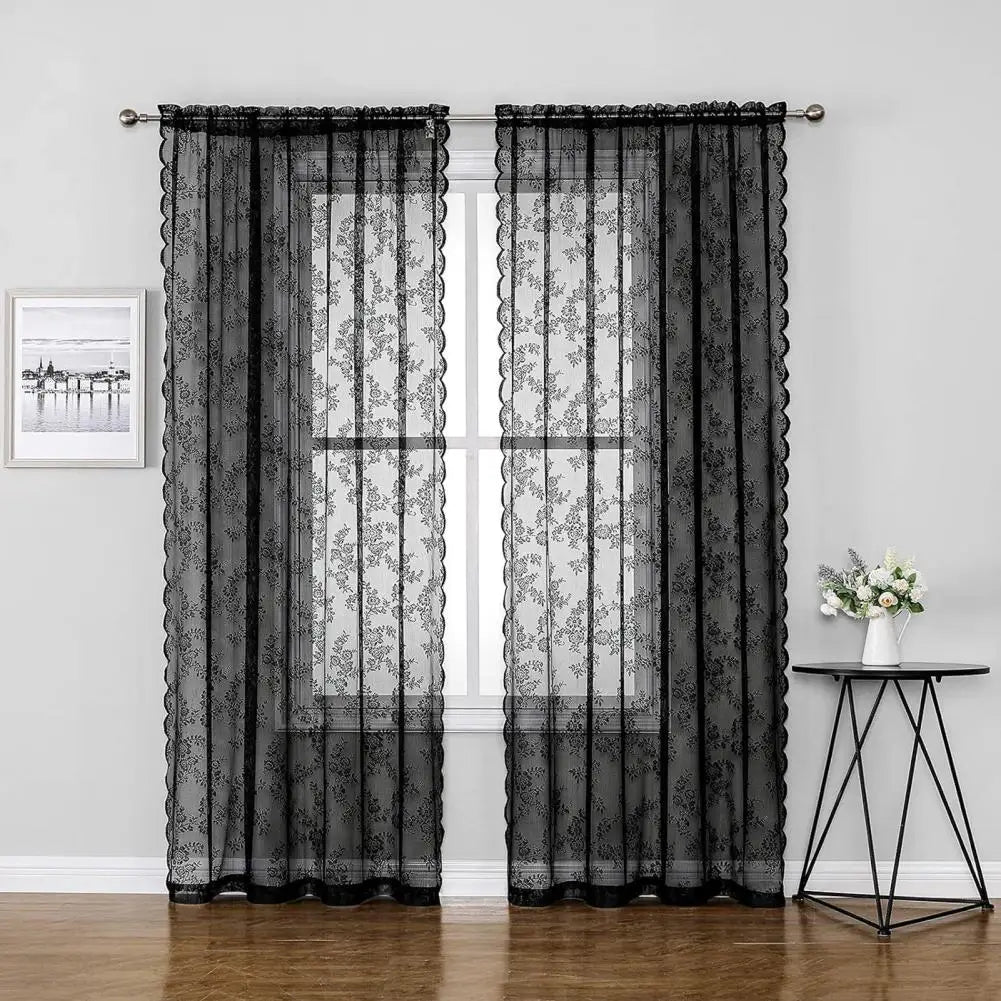 140cm Sheer Lace Curtain - Vintage Floral Pattern, Gothic Sheer Drapes for Bedroom, Light Filtering Window Treatment