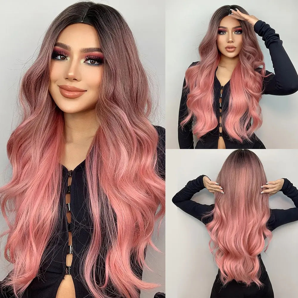 Pink Wigs for Women Long Wavy Wig Middle Part | Cosplay Wig Synthetic Heat Resistant | Natural Hair Looking Wig