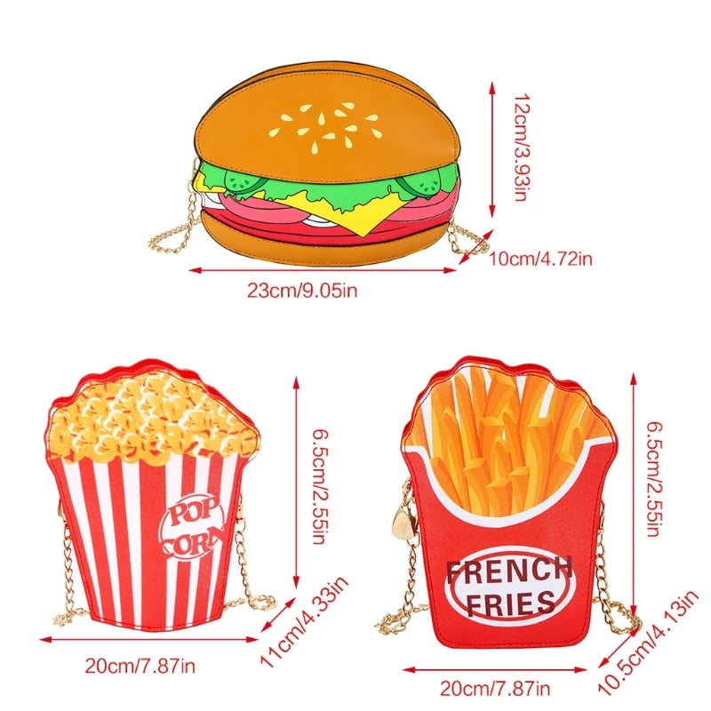 Fun Foodie Fashion 3D Novelty Fashion Crossbody Handbag With Chain Strap - Popcorn, Cheeseburger And French Fries