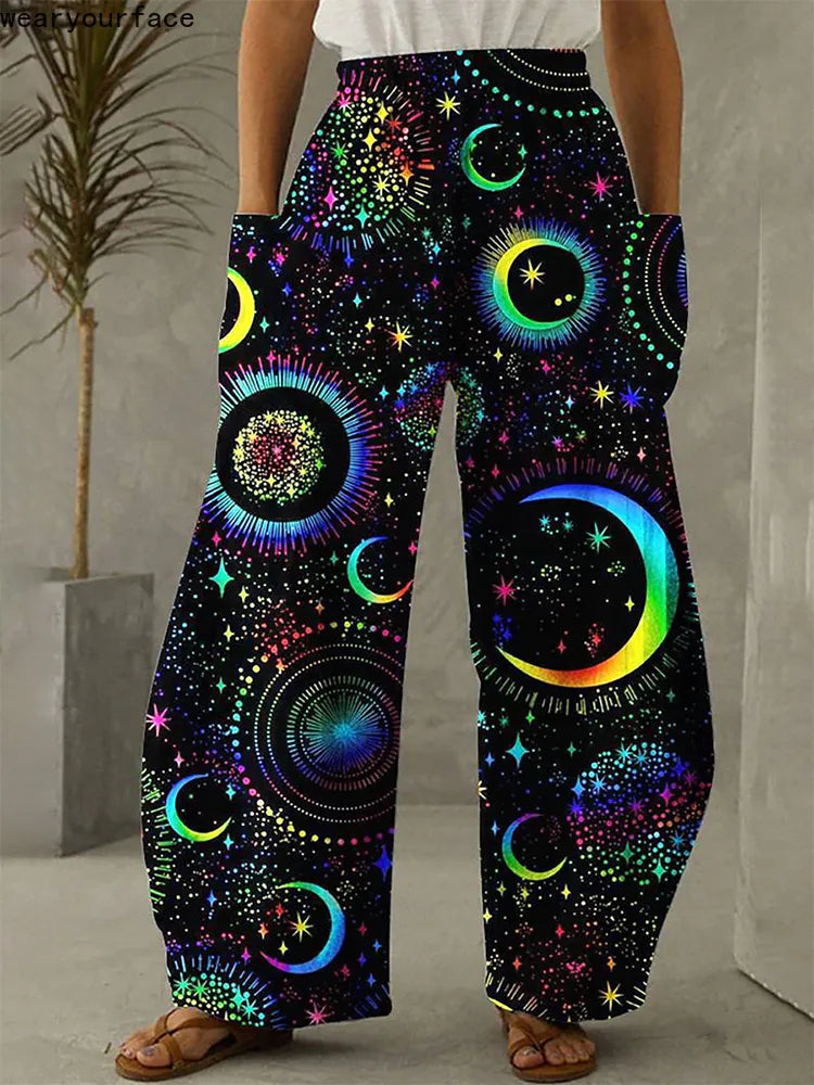 Galaxy Sky Full Length Wide Leg All Over Print Thin Hipster Fashion Summer Streetwear Sweatpants With Pockets