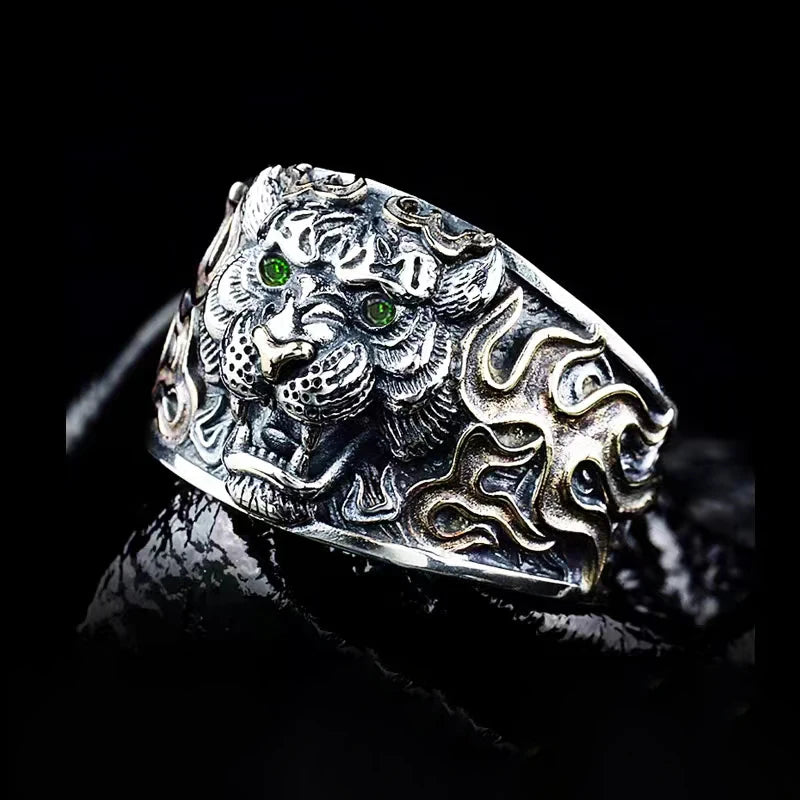 Domineering Green-Eyed Tiger Head Flame Pattern Open Ring – Men's Punk Hip-Hop Rock Trend Jewelry, Anniversary Gift