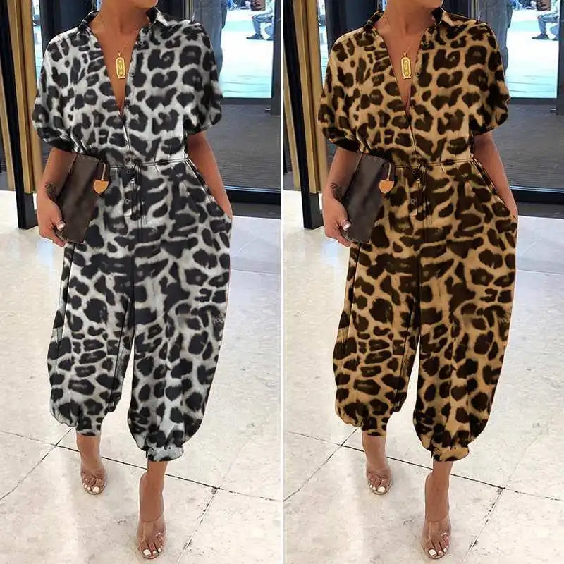 Leopard Printed Jumpsuit Women 2023 Summer | Short Sleeves Lace-Up Pocket Casual Fashion Vintage Ladies One Piece
