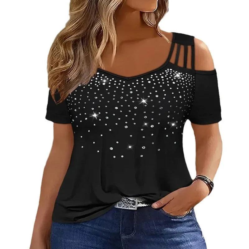 2024 New Off-Shoulder Rhinestone T-Shirt - Women's Plus Size Short Sleeve Top