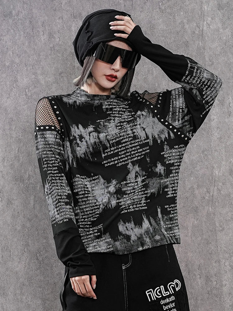 Winter Womens Fashion Sexy Mesh Rivet Off Shoulder Printed Tshirts Ladies Luxury Loose Casual Turtleneck Tops Vintage Streetwear