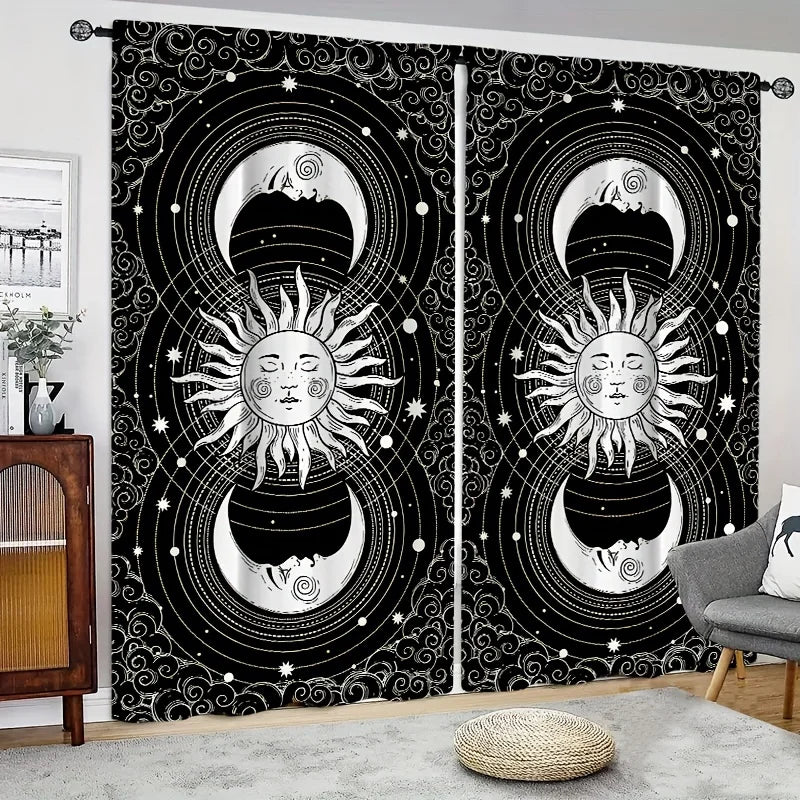 2pcs Sun Moon Constellation Window Curtain - Gothic Boho Mandala Thin Curtains for Living Room, Bedroom, Kitchen, Home Decor
