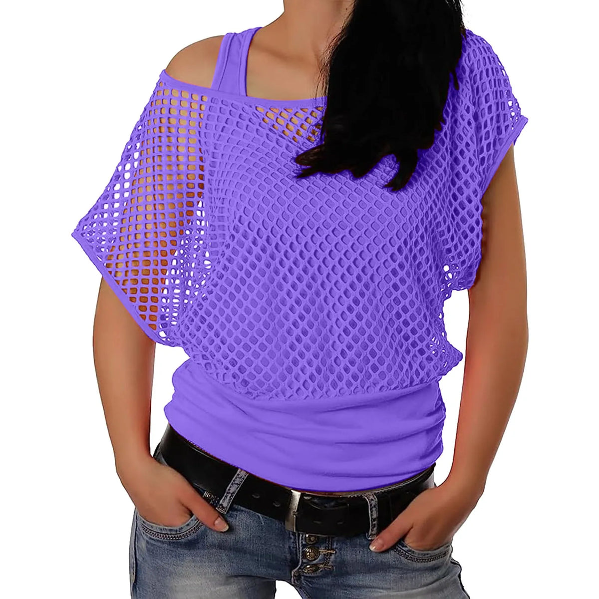 Women’s Vintage 80s Neon Fishnet Mesh Top – Off-Shoulder Short Sleeve Two-Piece T-Shirt