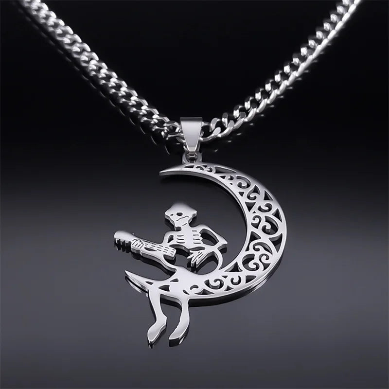 Moon Crescent Skeleton Skull Guitar Necklace – Stainless Steel Silver Jewelry for Women