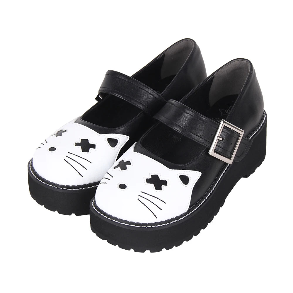 Women’s and Girls’ Lolita Punk Rock Style Mary Jane Shoes - Low Platform with White Kitty Cat Toe Accent and Buckle Detail