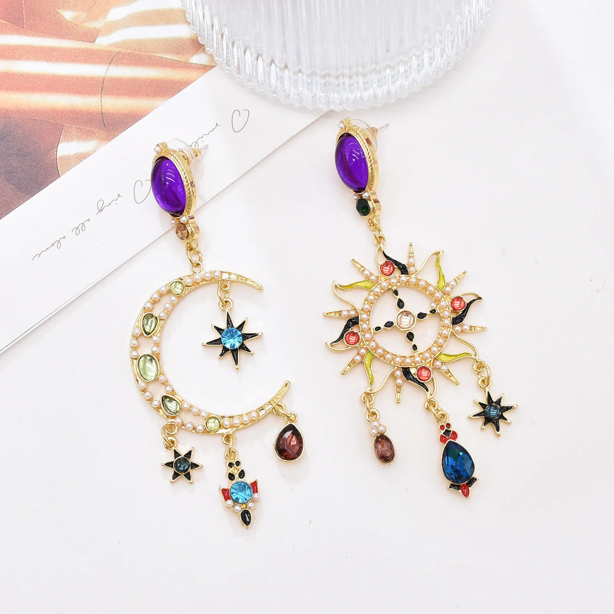 Luxury Colorful Crystal Sun Moon Asymmetric Tassel Fashion Earrings