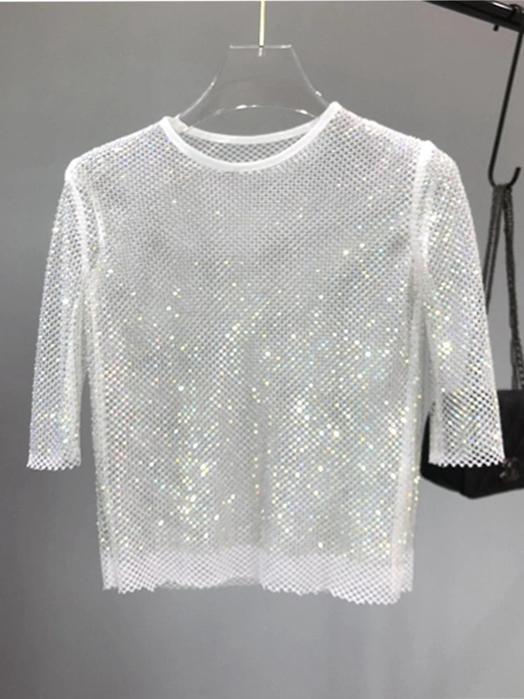 Mesh Crystal Coated Rhinestone Drilling Fishnet Party Top For Women