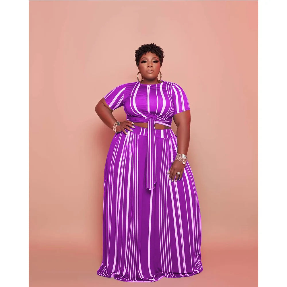 Sexy Women’s Clothing Round Collar Striped Printed Two Piece Set - Lace-Up Plus Size Long Skirt Set