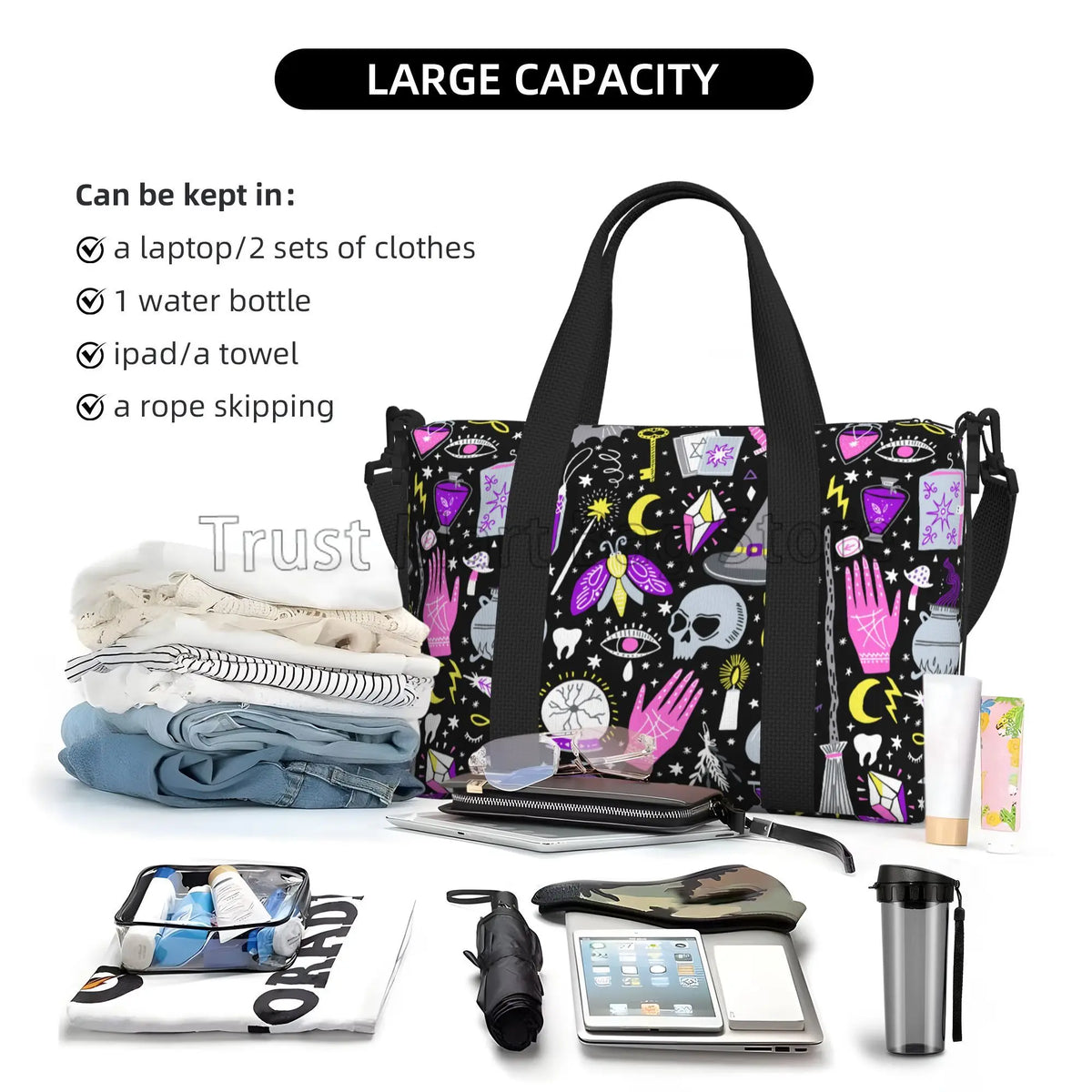 Magic Witchy Goth Sports Gym Bag Travel Luggage Overnight Bags for Men Women Duffel Bags with Adjustable Strap for Traveling