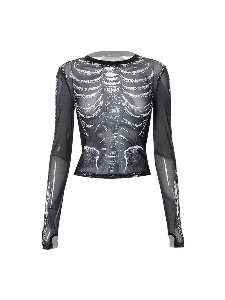 Gothic Punk 2000s Women's Skeleton Pattern Crop Top - Black Round Neck Long Sleeve Y2K Streetwear