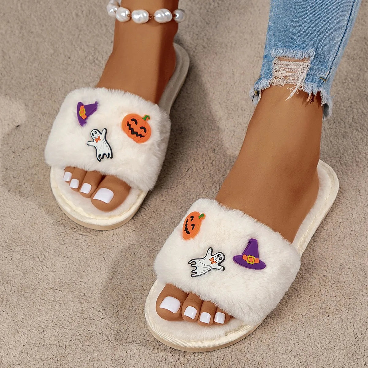 Fashion Winter Halloween Cotton Slippers for Ladies – Plush Open Toe Flat Bottom Home Footwear