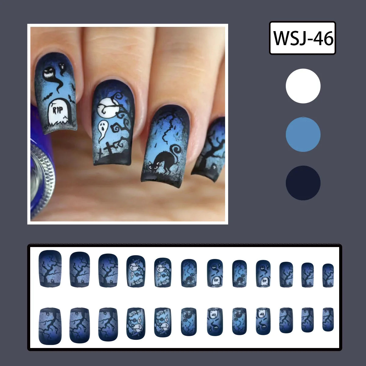 24pcs Halloween Painting Matte Press on Nails Blue Black Color False Nail Tips Wearable Full Cover Mid-length Coffin Fake Nails