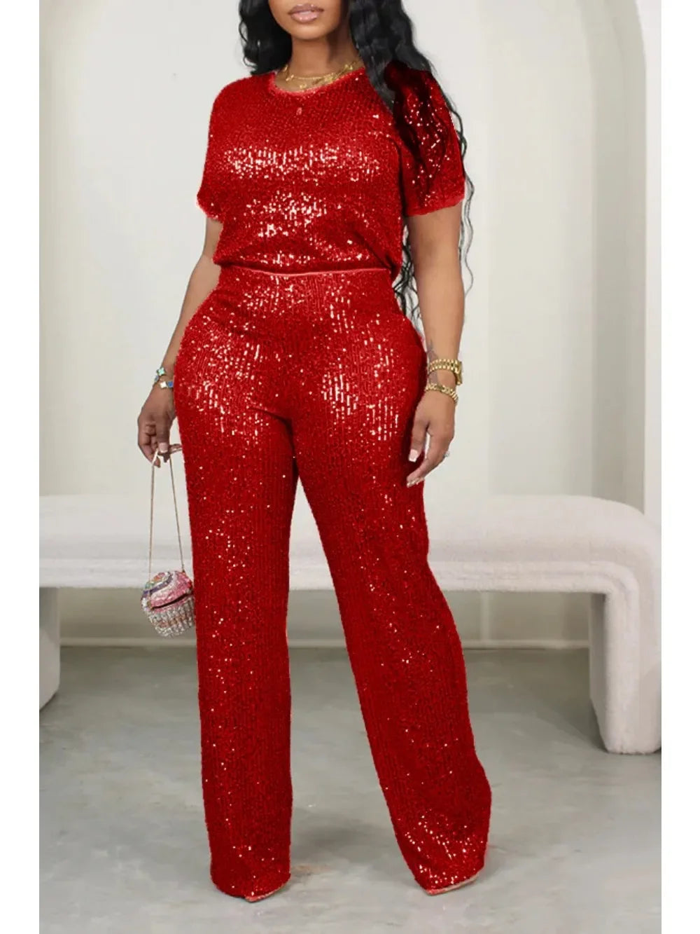 Sequin Two Piece Set for Women: Casual Fashion Solid Short-Sleeved T-Shirt and Wide-Leg Pants Set