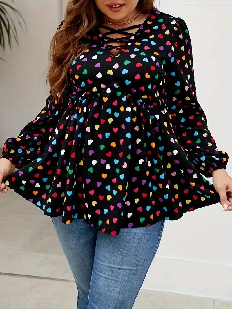 GIBSIE Plus Size Heart Print V-Neck Peplum Blouse for Women 2024