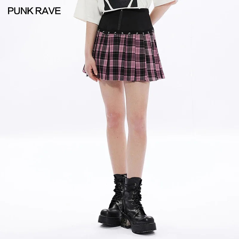 PUNK RAVE Women's Plaid Splicing Skirt - Punk Metal Ring and Webbing Decorative Mini Skirt with Playful Fashion Personality