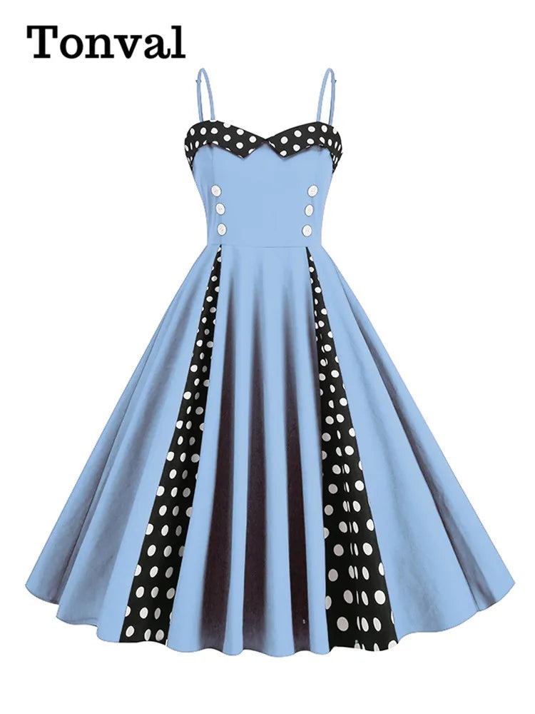 Tonval Sweetheart Neck Spaghetti Strap Double Breasted Long Dress - 50s Pinup Vintage Polka Dot, Perfect for Ladies' Sexy Party Looks