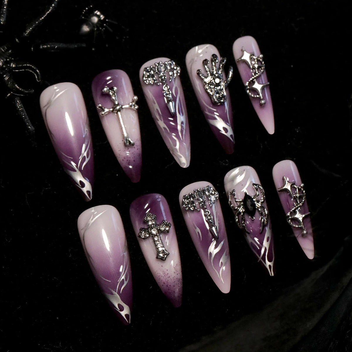 Halloween Cool Spice Style Spider Skull False Nails Purple Halo Dyeing Detachable Finished Fake Nails Press on Nail with Glue