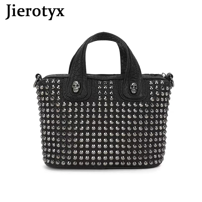 JIEROTYX Women Handbag – Casual Punk Skull Purse, Leather Top Handle with Rivets, Shoulder Crossbody Bag, Studded Gothic Design, Long Strap