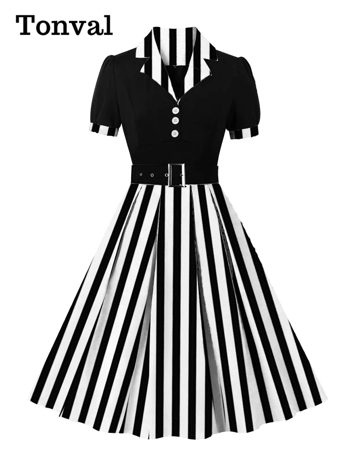 Tonval Black and Striped Print Pleated Elegant 50s Pinup Retro High Waist Belted Short Sleeve Women Summer Vintage Dresses