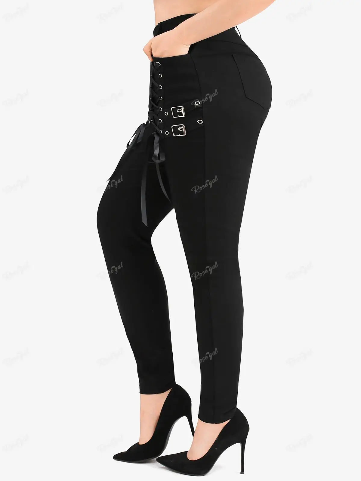 ﻿ROSEGAL Plus Size Black Pencil Pants Lace Up Pockets Buckle Pull On Leggings Women Streetwear Casual Bottoms Trousers Mujer