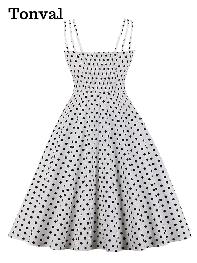 Tonval Retro Style Polka Dot Bow Front Spaghetti Strap Party Swing Dresses Women 2022 Summer Shirred Back Vintage Cotton Dress