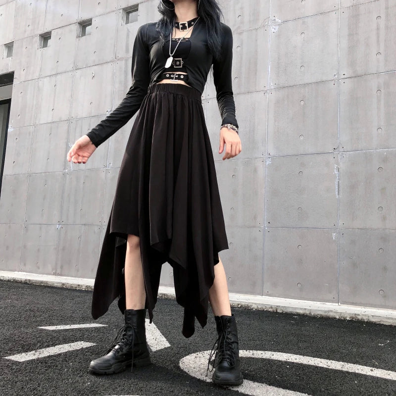 Gothic Black Irregular High Waist Skirt – Dark Punk Harajuku Vintage Mid-Calf Korean Skirt