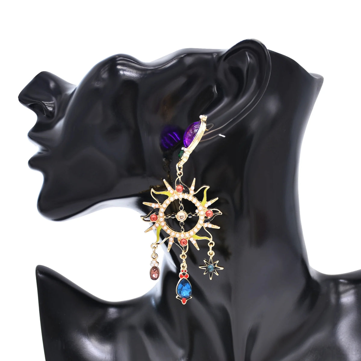 Luxury Colorful Crystal Sun Moon Asymmetric Tassel Fashion Earrings