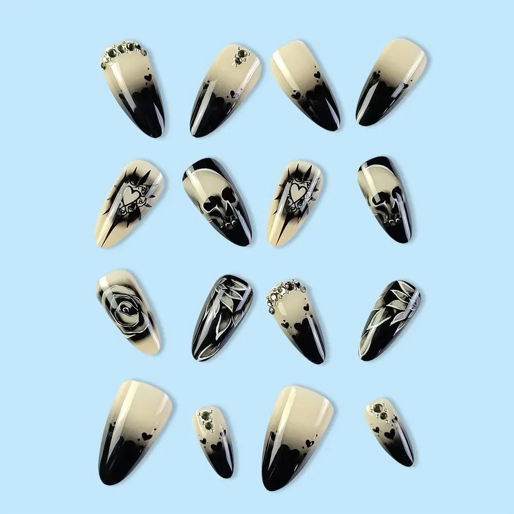 24pcs Rose Rhinestone Halloween Skull Fake Nails Full Cover Detachable Press on Nails Wearable Long Length False Nail