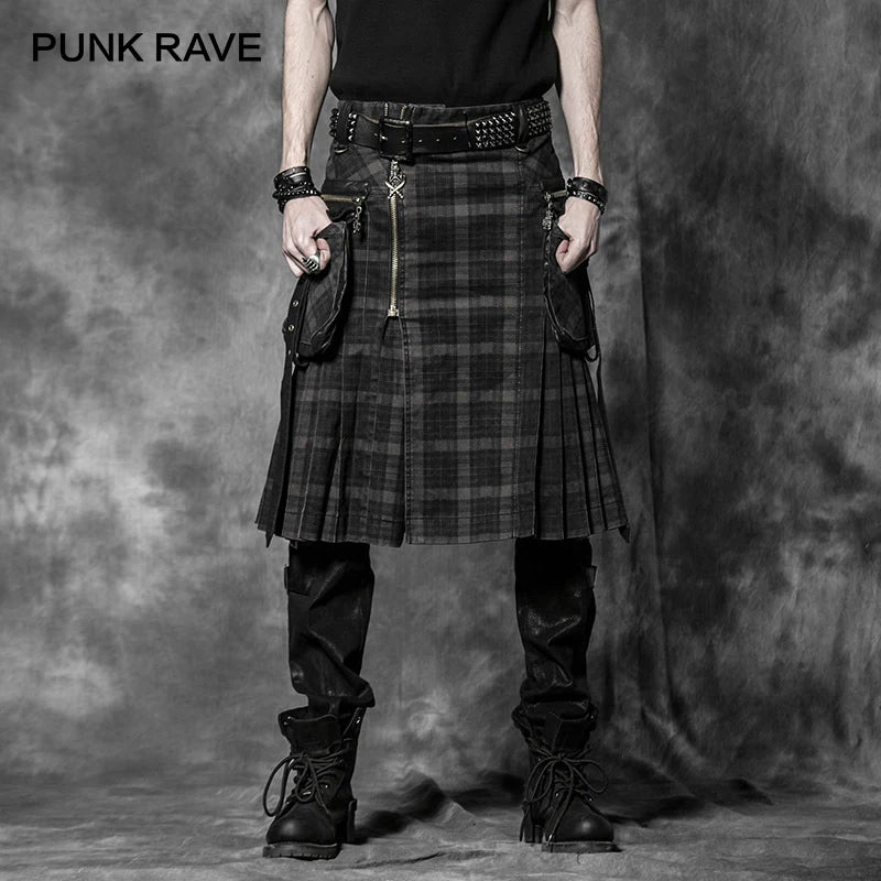 PUNK RAVE Punk Rock Trousers Mens Fashion Pants Cargo Personality Scottish Kilts Check Pattern Long Half Skirts