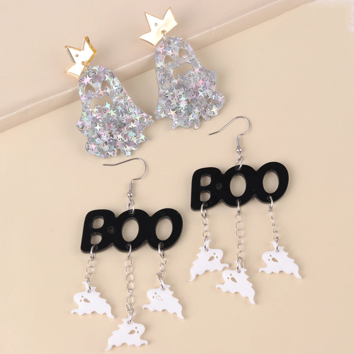 Exaggerated Sparkling Stars & Ghost Acrylic Dangle Earrings – Halloween Pendant Ear Jewelry, Perfect for Gifts