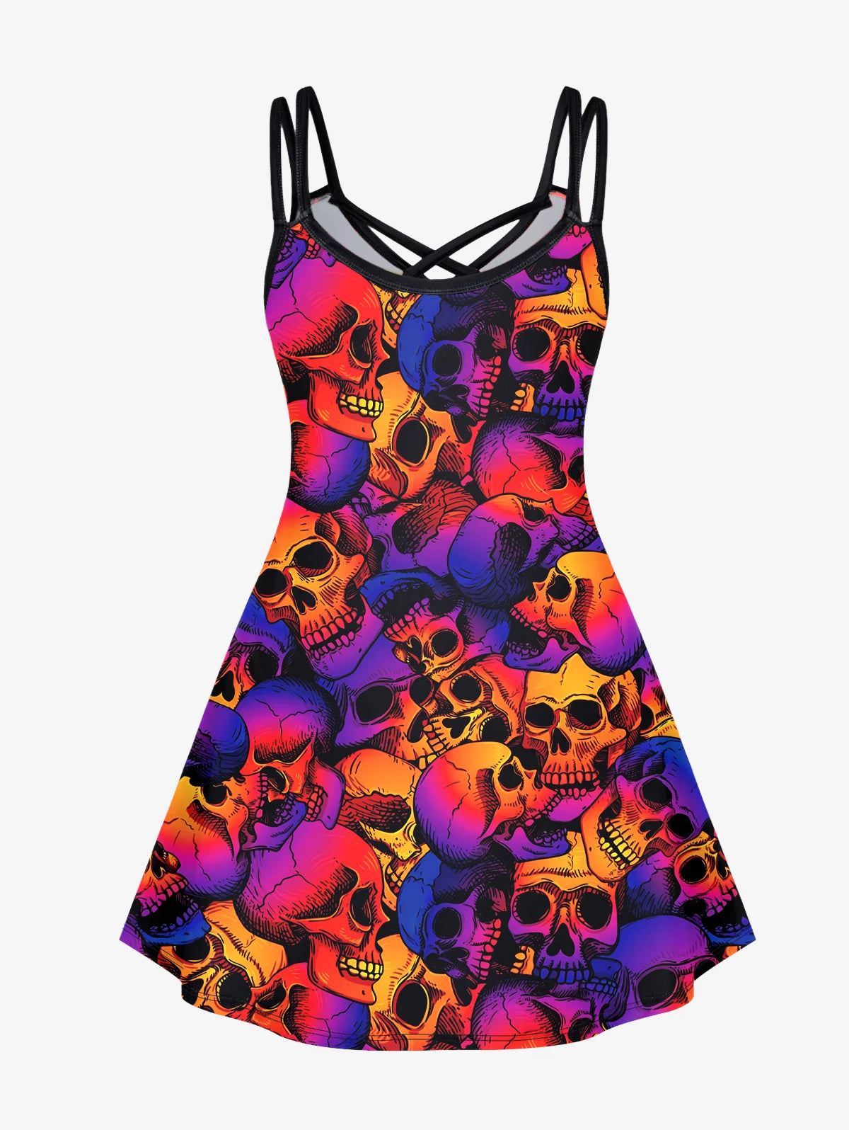 Plus Size Gothic Skull Print Crisscross Cami Midi Dress – Sleeveless Summer Spaghetti Strap Dress for Women