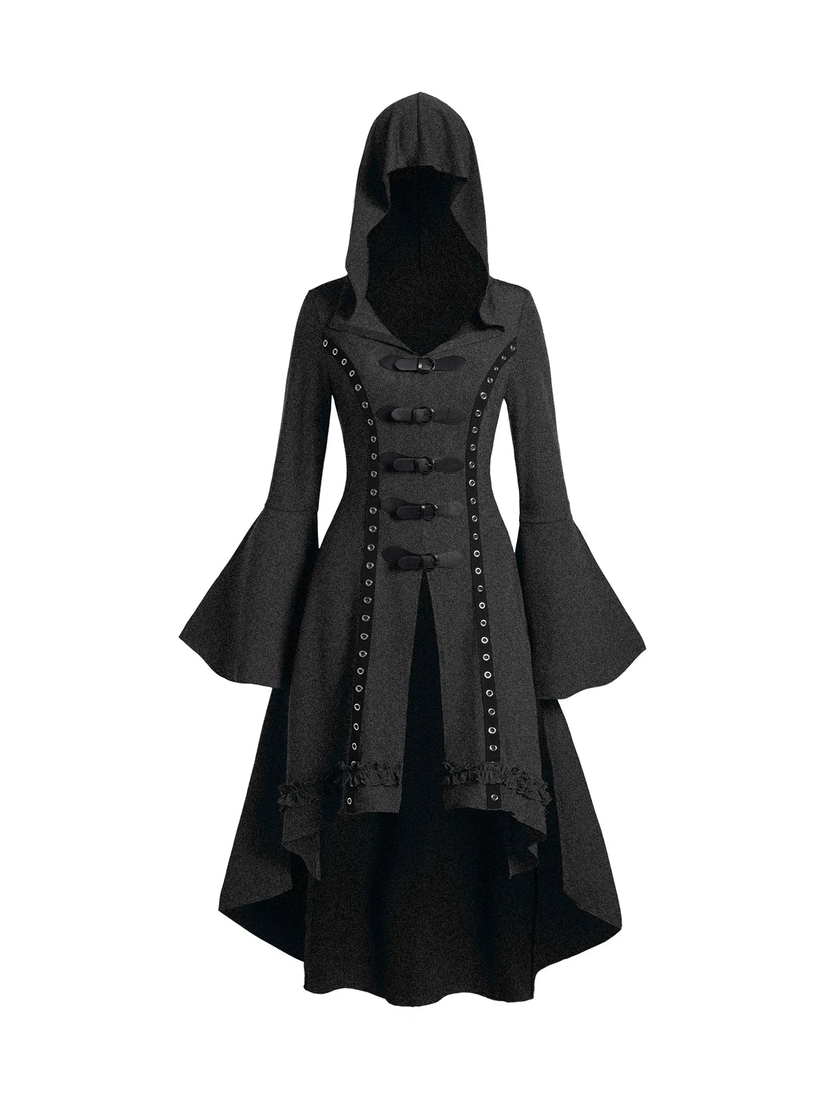 Dressfo Women’s Gothic Grommet Hooded Top – High Low Hem, Buckle Flare Sleeves, Frilled Long Sleeve Halloween Dress