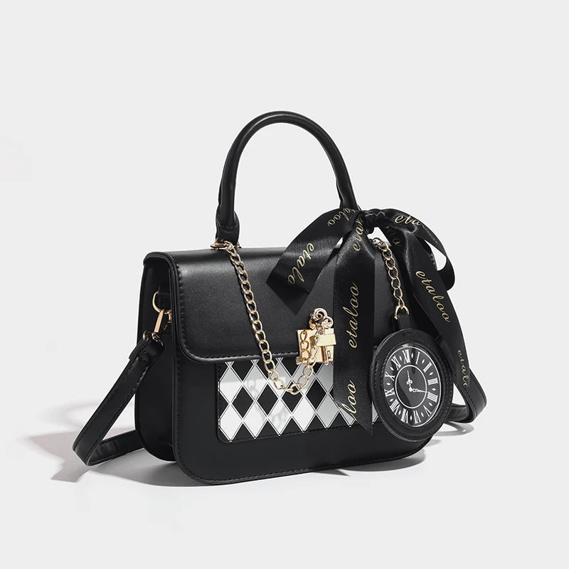 Sweet Bow-Knot Handbag - Japanese Kawaii Lolita Square Crossbody Bag, Ladies' Chessboard Diamond Grid Design in Black