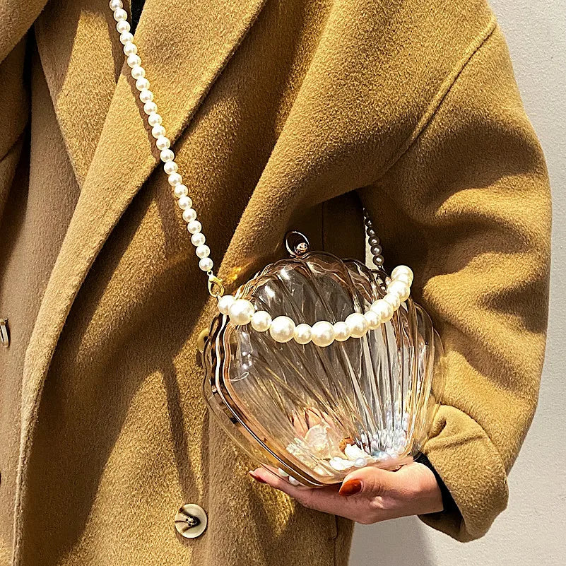 Women’s Transparent Shell Evening Bag – Acrylic Clutch Box Handbag with Pearl Chain, Crossbody Shoulder Purse