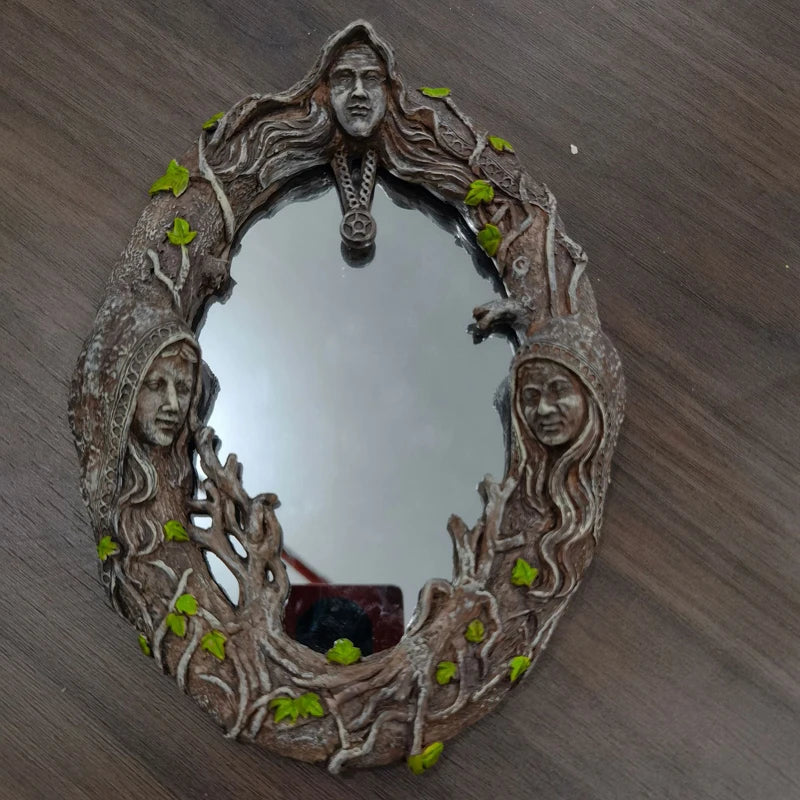 Celtic Sacred Moon Triple Goddess Mirror - Mother Maiden Crone Wall Hanging with Pentagram Amulet