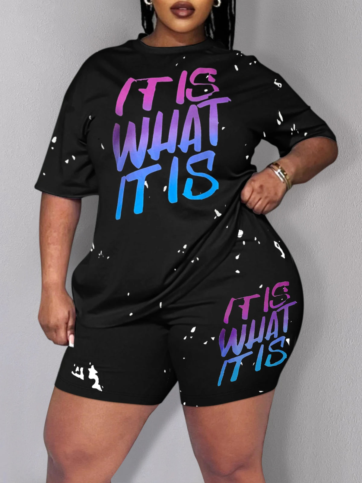 LW Plus Size Gradient Letter Print Shorts Set – Summer Short Sleeve T-Shirt + Skinny Shorts, Casual Women’s Clothing