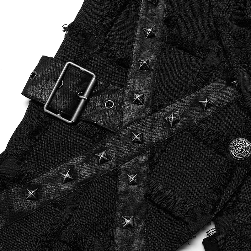 PUNK RAVE Men's Gothic Asymmetric Personality Twill Black Vest Casual Handsome Tank Top Back Hollow Out Design Four Seasons