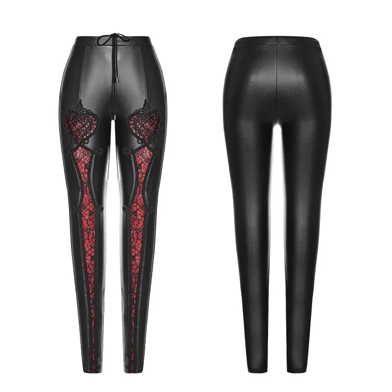 PUNK RAVE Gothic Elastic Waistband Embroidered Leather Leggings | Vintage Embossed Mesh Lace Club Party Sexy Women Pants
