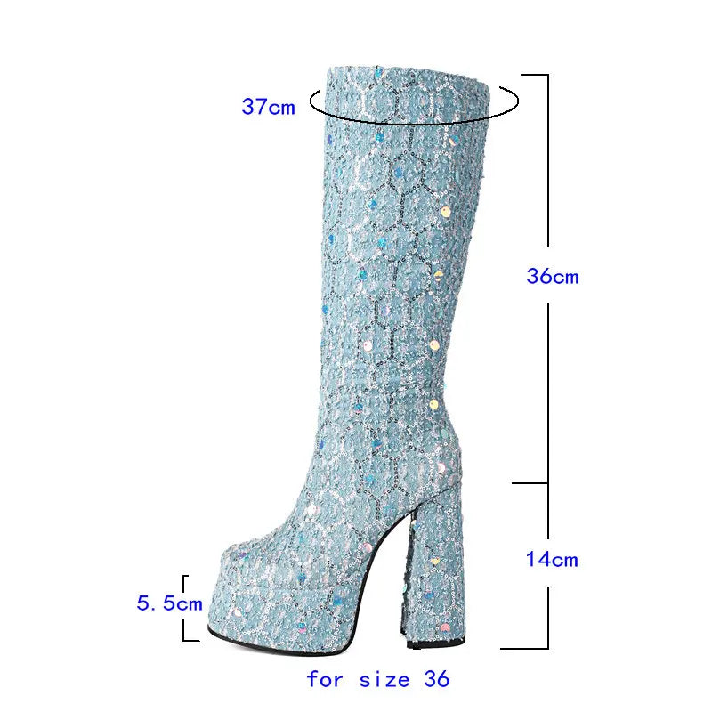 2024 Women's Knee-High Boots – Platform Square High Heel, Denim, Round Toe Calf Boots for Fashion & Parties