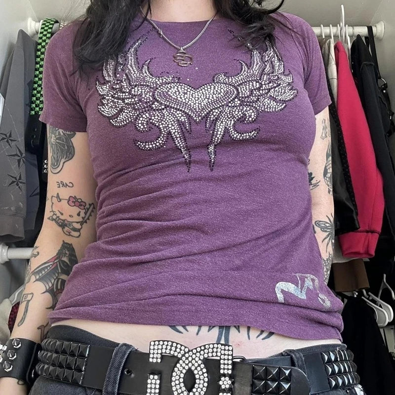 2000s Y2K Cyber Grunge Emo Baby Tee – Rhinestone Graphic Print Goth Crop Top, Short Sleeve