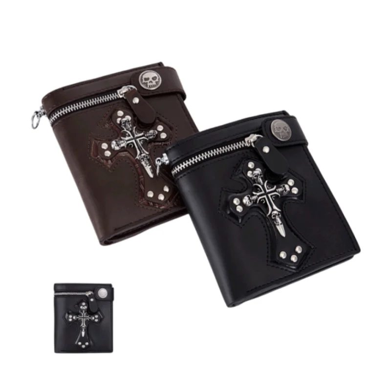 Men's PU Leather Wallet Foldable Rivet Retro Biker Wallet Anti-theft Pants Chain Purse Male Rock Punk Goth Tote Bag Walltes