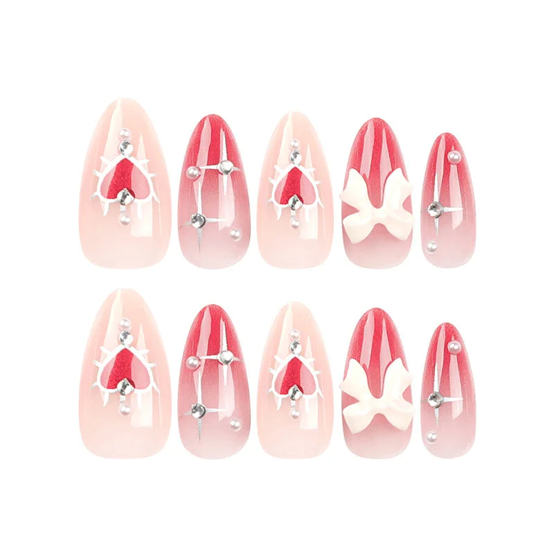 24 PCs Valentine's Day Long Almond Shape Novelty Pearl Bow Love Nail with 1 File and Jelly Glue