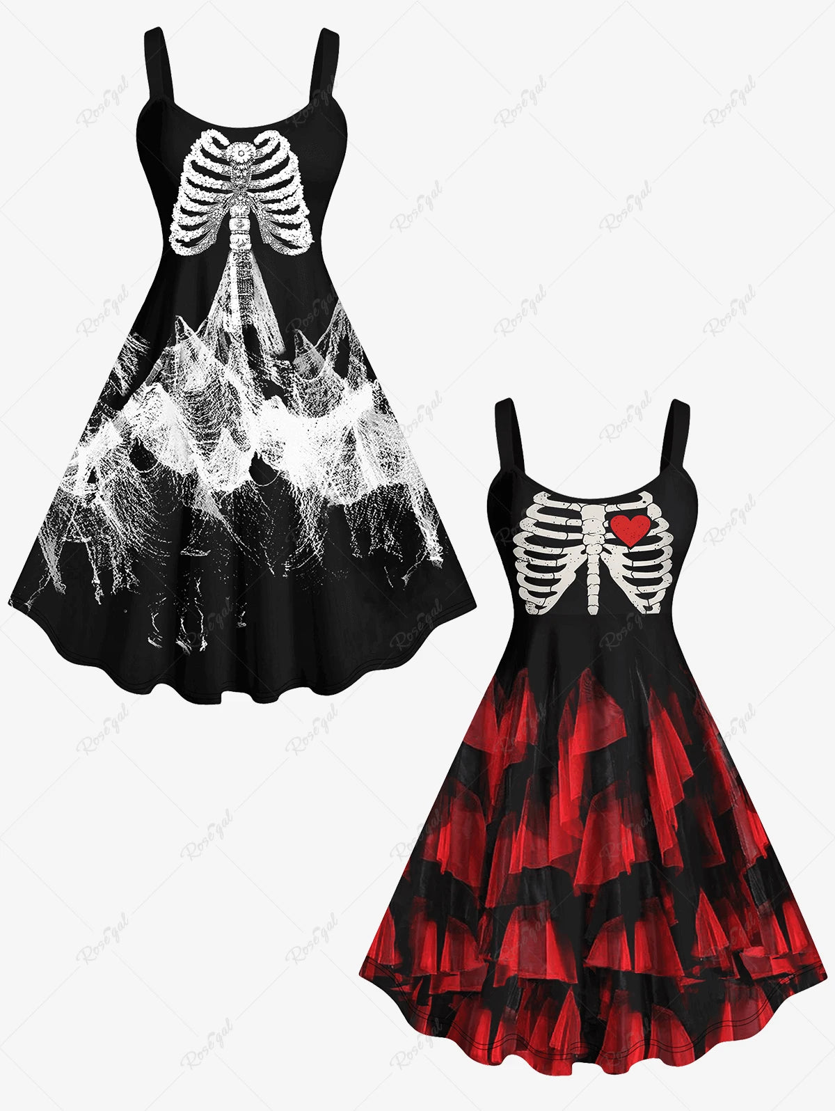 Autumn 2023 New Plus Size Women's Halloween Skeleton Heart Ripped Mesh 3D Printed Daily Casual  Backless Sleeveless Tank Dress